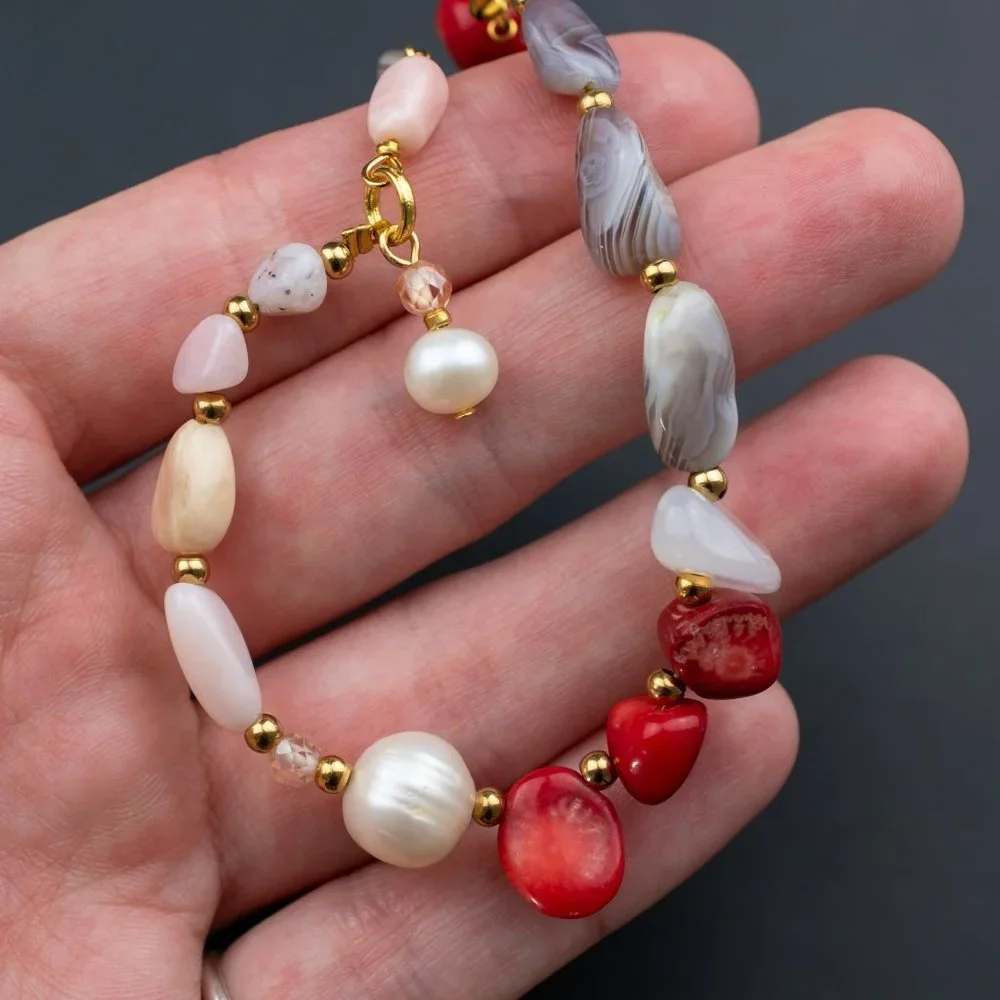 Mismatched beaded bracelet, red coral and pearl bracelet handmade